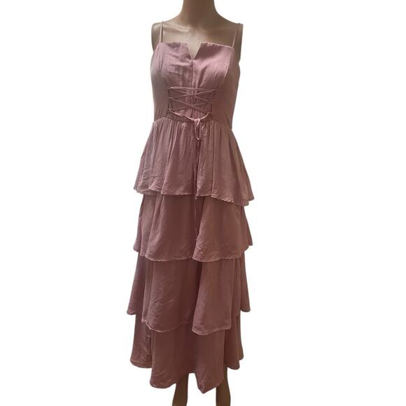 Aubrey Parks Blush Pink Tiered Maxi Dress Lace-Up Front Size- Small - Picture 3 of 8